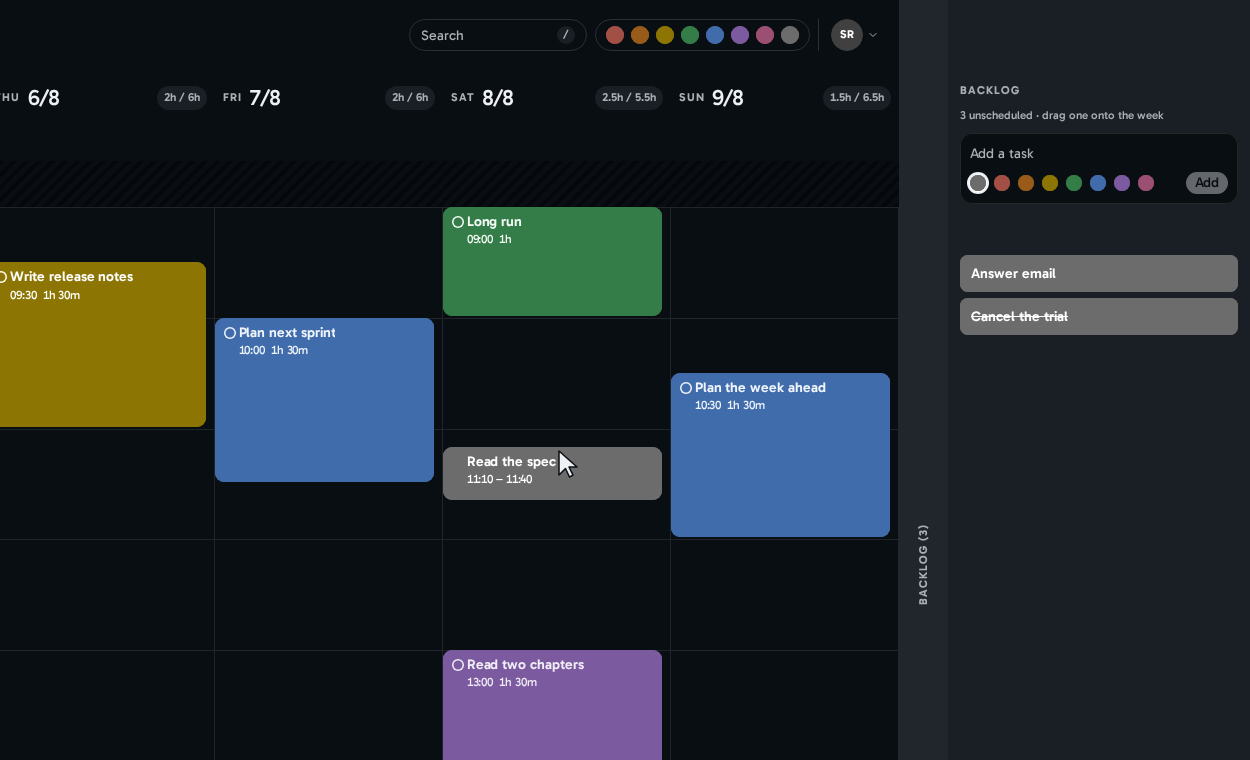 The Figplanner week grid: Thursday to Sunday with coloured task blocks inside the working hours, each day header showing how much is planned against how much is left, the backlog drawer open on the right, and a task named Read the spec being dragged from the backlog onto Saturday.