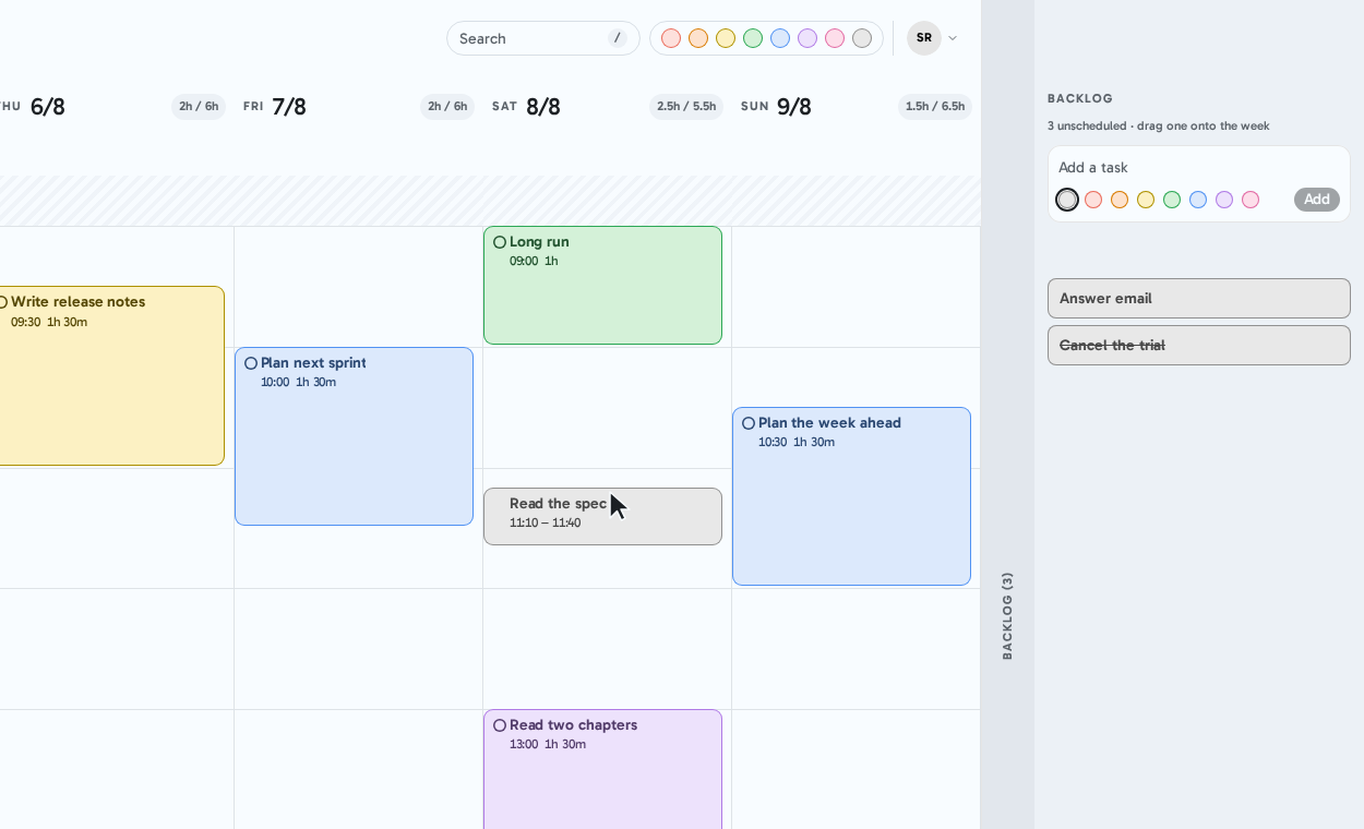 The Figplanner week grid: Thursday to Sunday with coloured task blocks inside the working hours, each day header showing how much is planned against how much is left, the backlog drawer open on the right, and a task named Read the spec being dragged from the backlog onto Saturday.